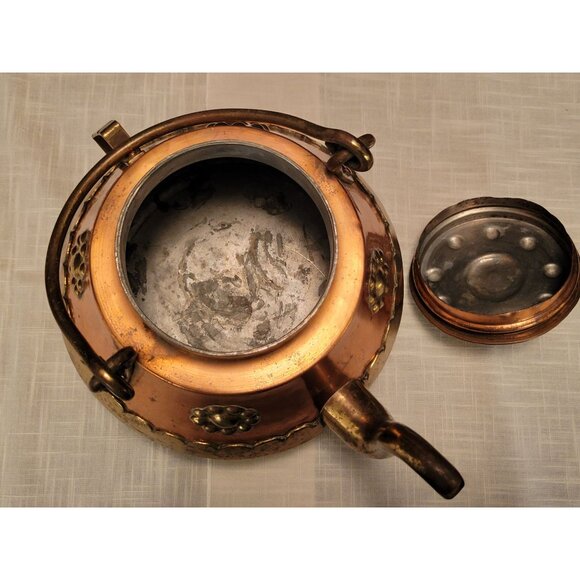 Large Vintage Brass & Copper Teapot Kettle W/ Removable Lid Made in Belgium - Picture 8 of 12